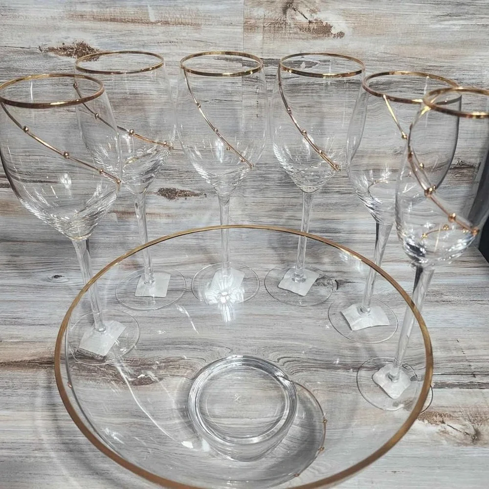 Pier 1 Gold Dot‎ Swirl Wine Goblets and Serving Bowl Set 7pc Mouth Blown Glass